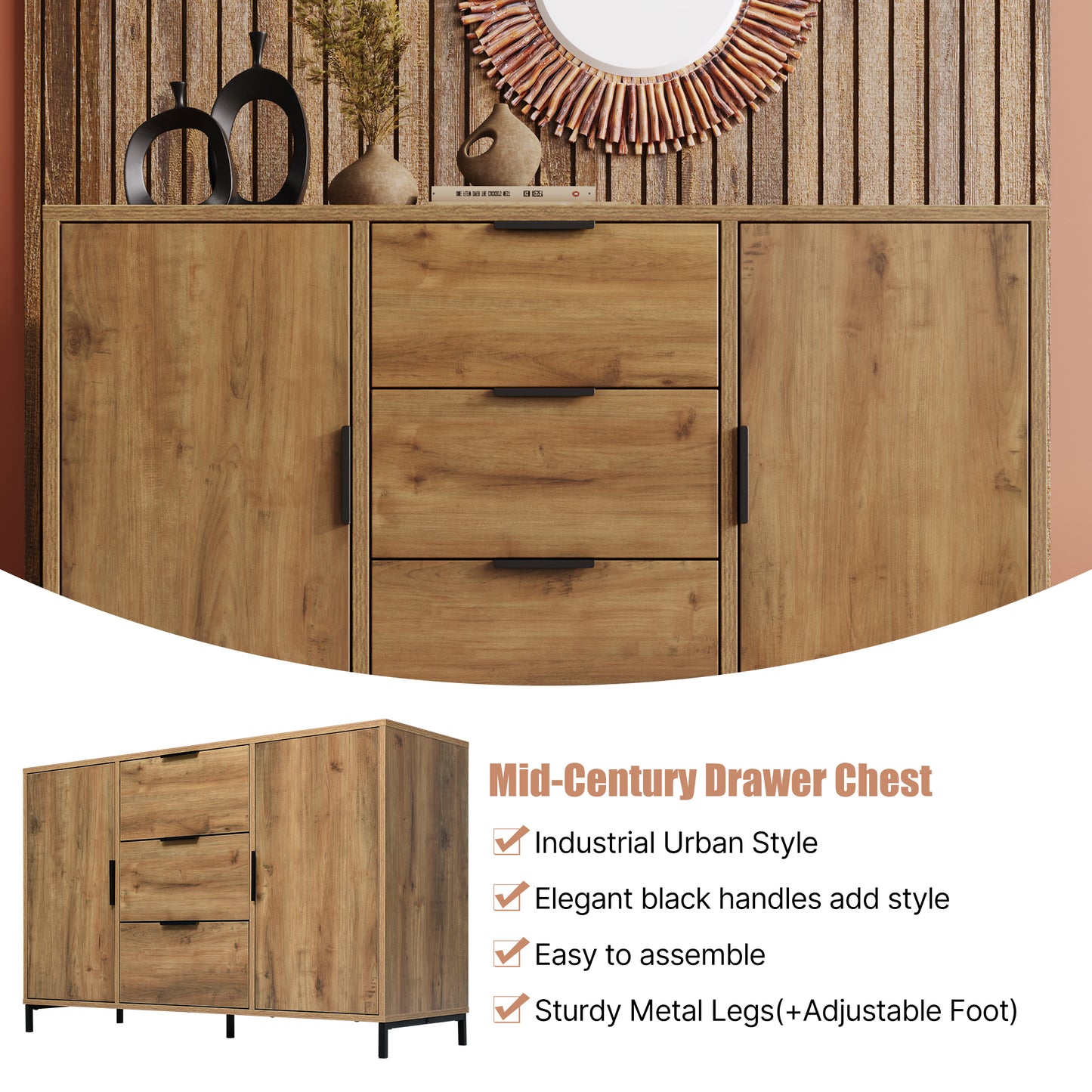 Dark Oak Sideboard Cabinet Chest of Drawers with with 2 Doors, 3 Drawers and Adjustable shelf