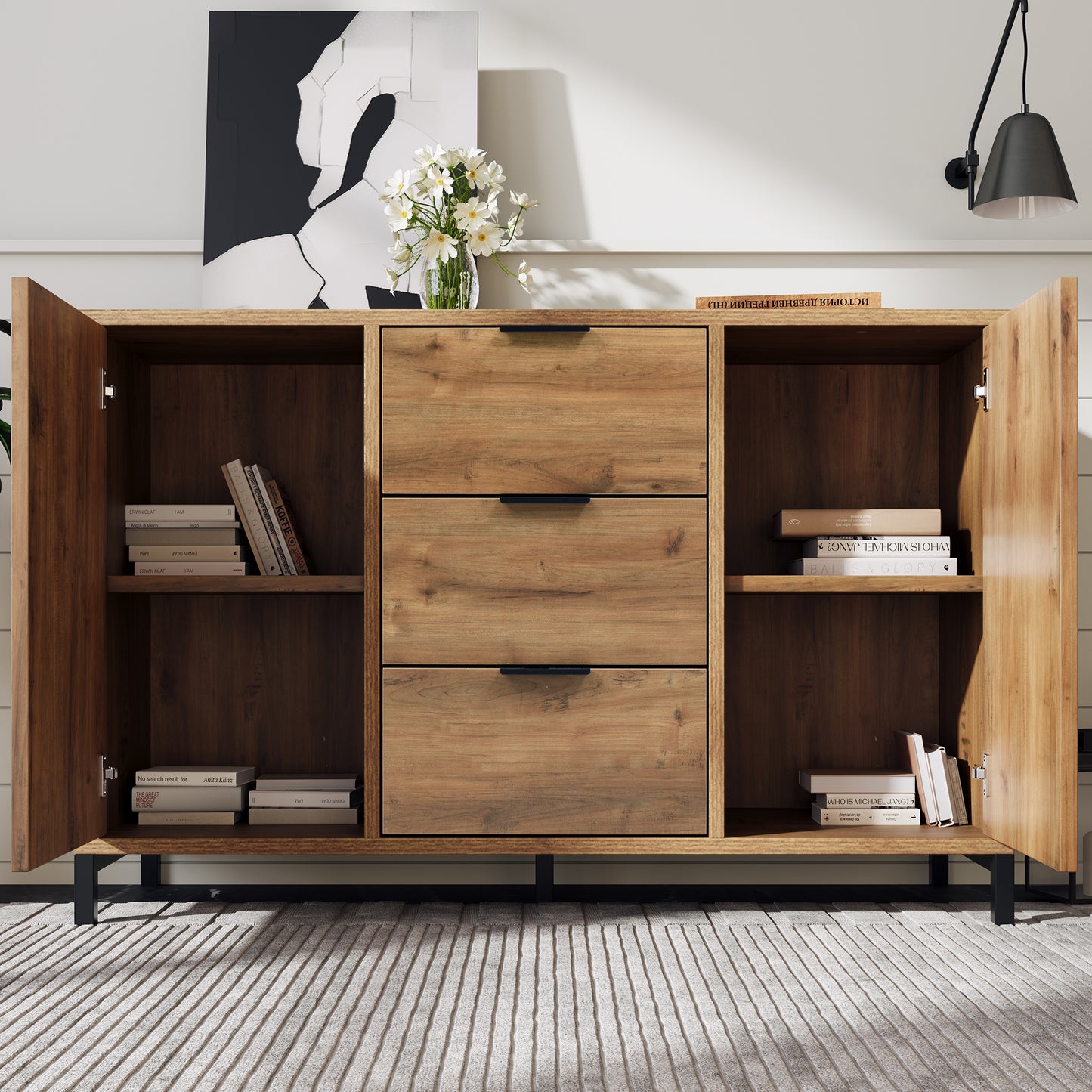 Dark Oak Sideboard Cabinet Chest of Drawers with with 2 Doors, 3 Drawers and Adjustable shelf