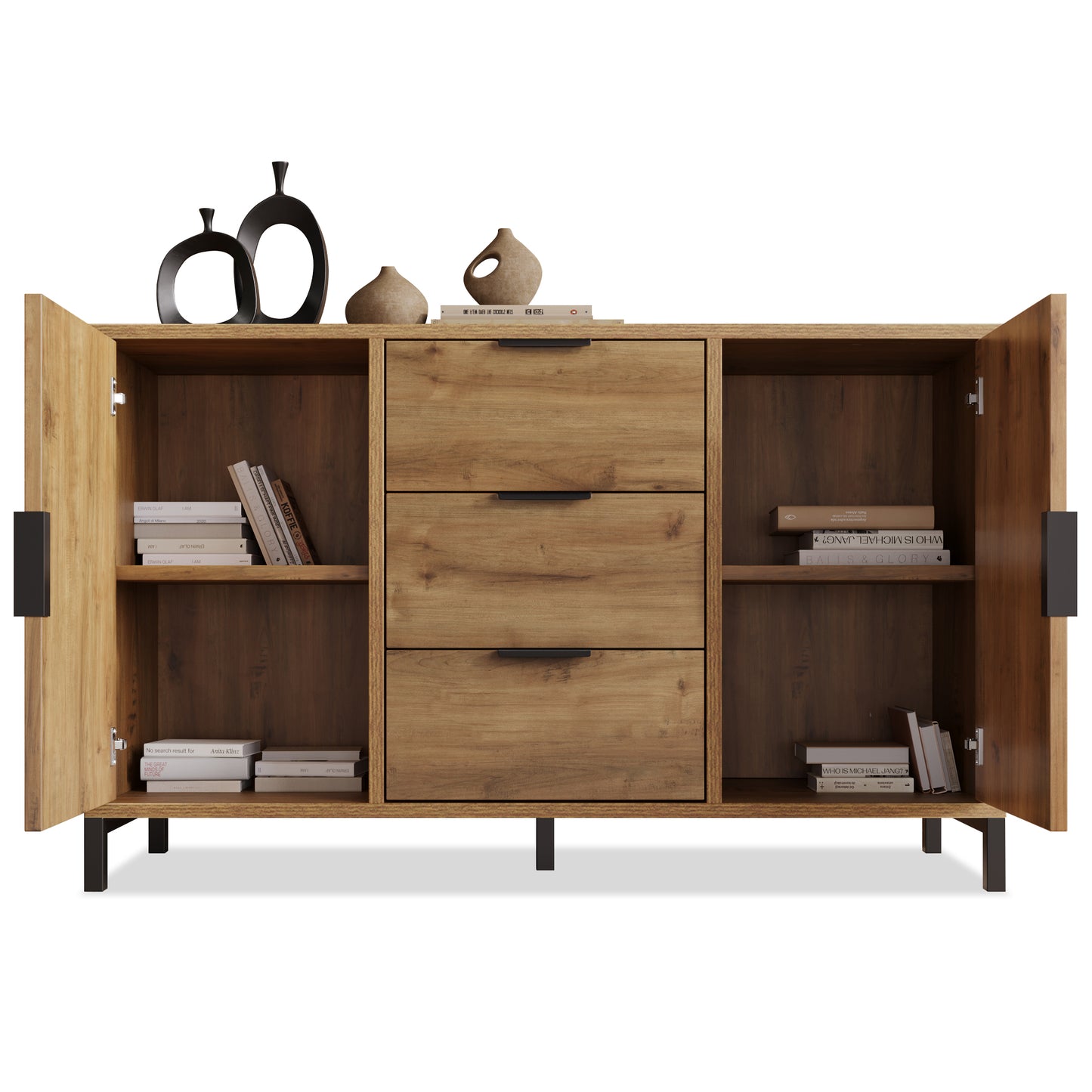 Dark Oak Sideboard Cabinet Chest of Drawers with with 2 Doors, 3 Drawers and Adjustable shelf