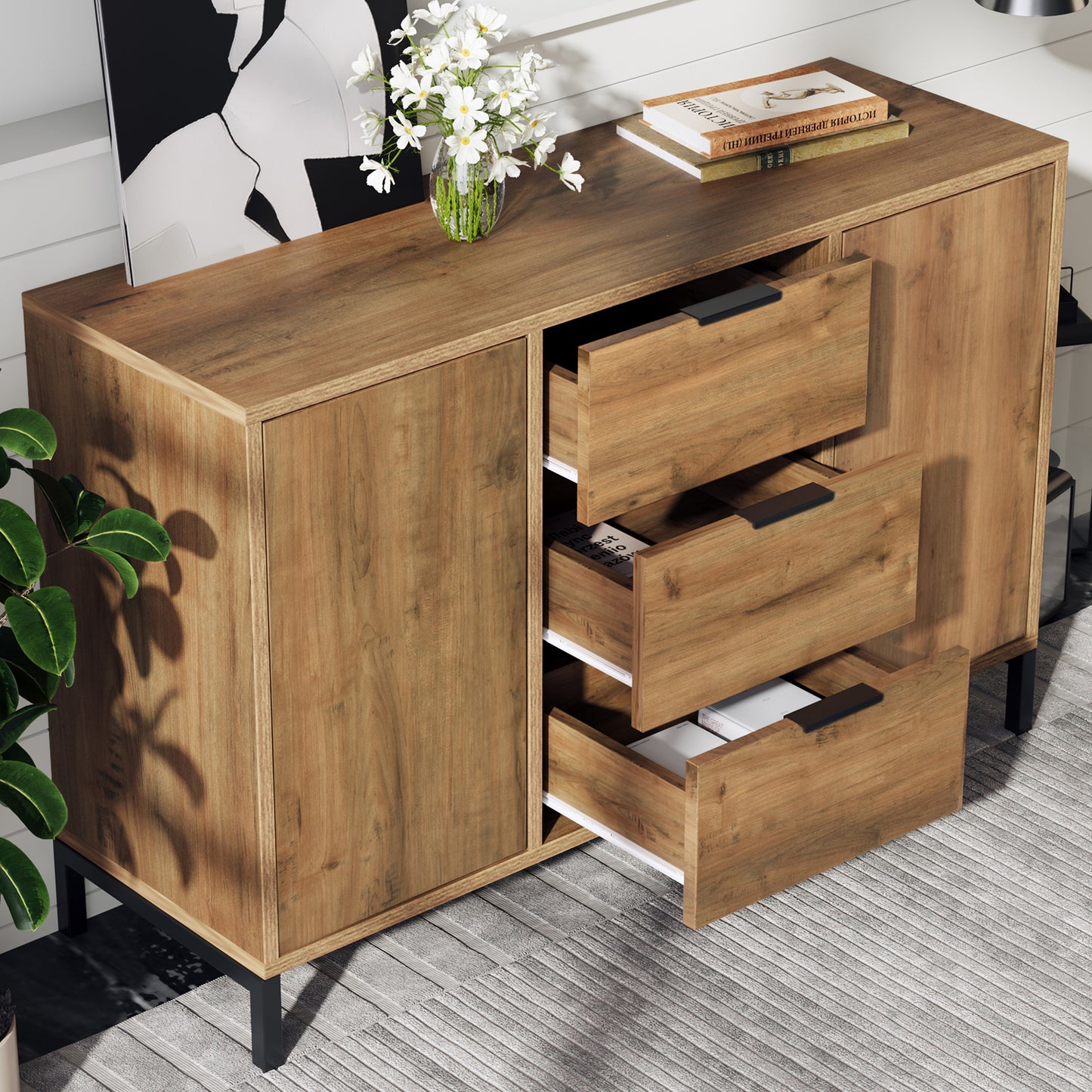 Dark Oak Sideboard Cabinet Chest of Drawers with with 2 Doors, 3 Drawers and Adjustable shelf