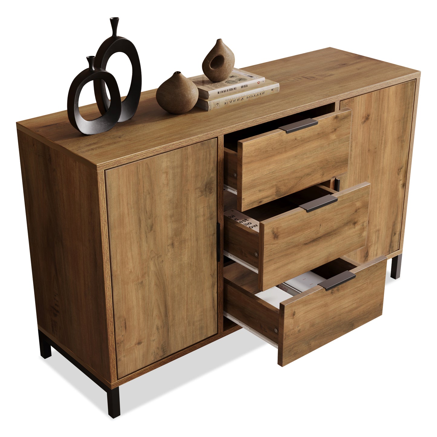 Dark Oak Sideboard Cabinet Chest of Drawers with with 2 Doors, 3 Drawers and Adjustable shelf