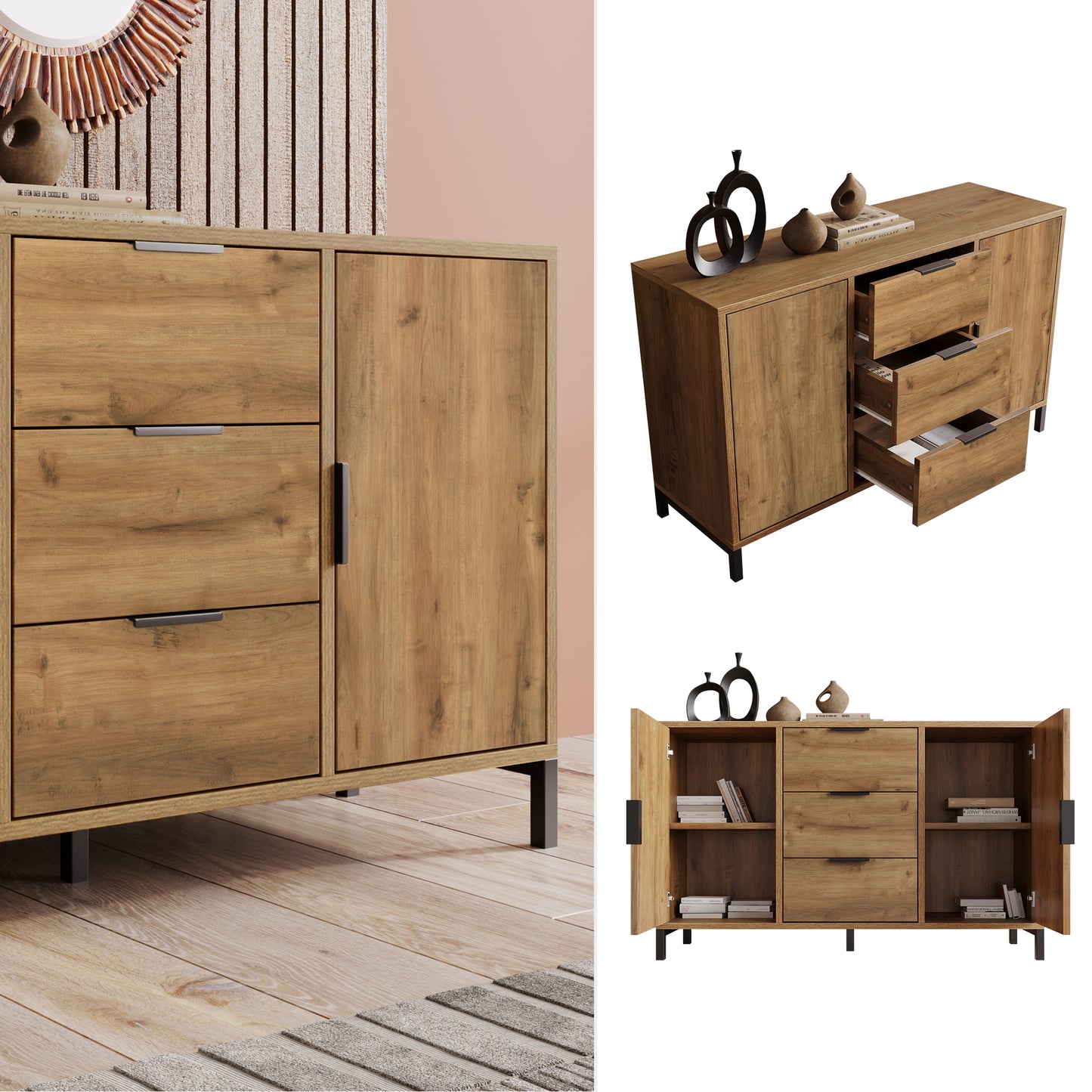 Dark Oak Sideboard Cabinet Chest of Drawers with with 2 Doors, 3 Drawers and Adjustable shelf