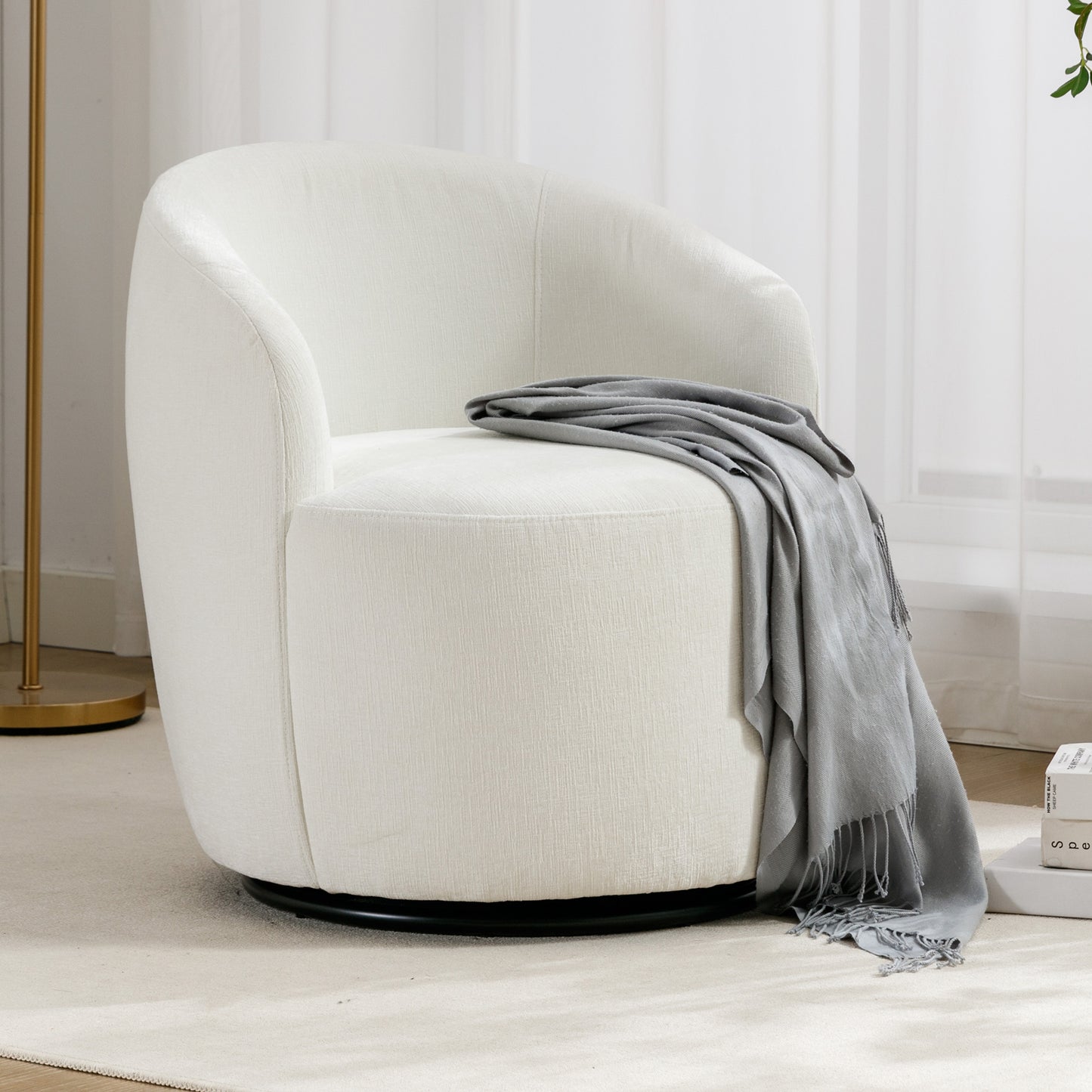 Chenille Fabric Swivel Armchair with Black Powder Coating Metal Ring