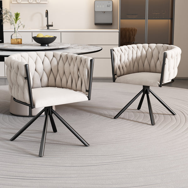 Set of 2 Velvet Swivel Dining Chairs with Metal Legs Beige