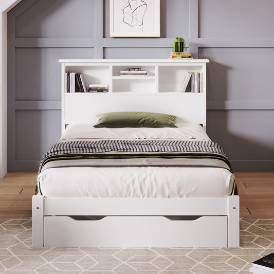 Wooden Bed Frame with Bookcase Storage Headboard and Under Bed Storage Drawer