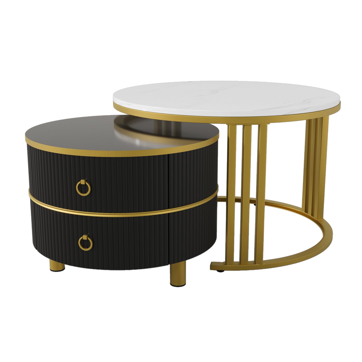 2-in-1 Round MDF Coffee table with High-Gloss Table Top and One Side Table