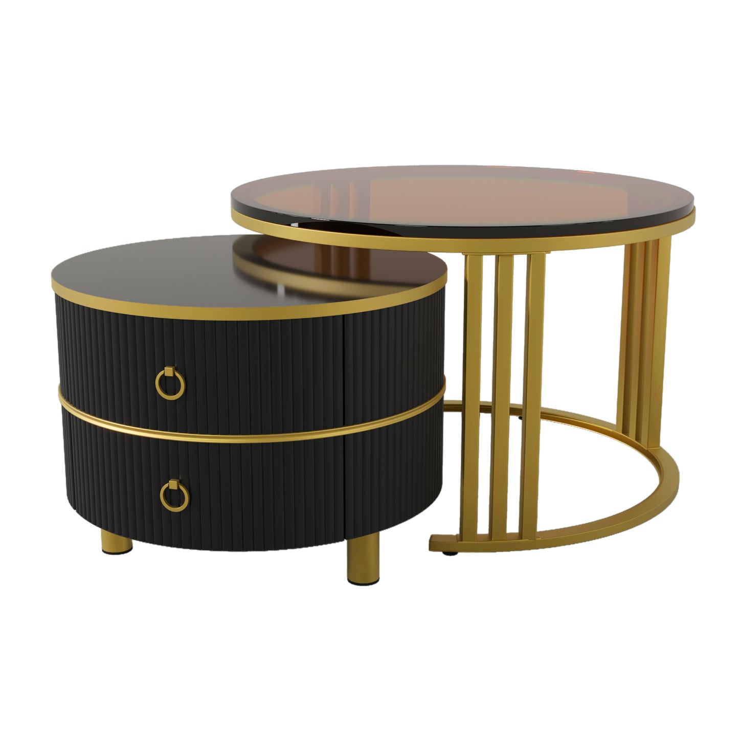 2-in-1 Round MDF Coffee table with High-Gloss Table Top and One Side Table