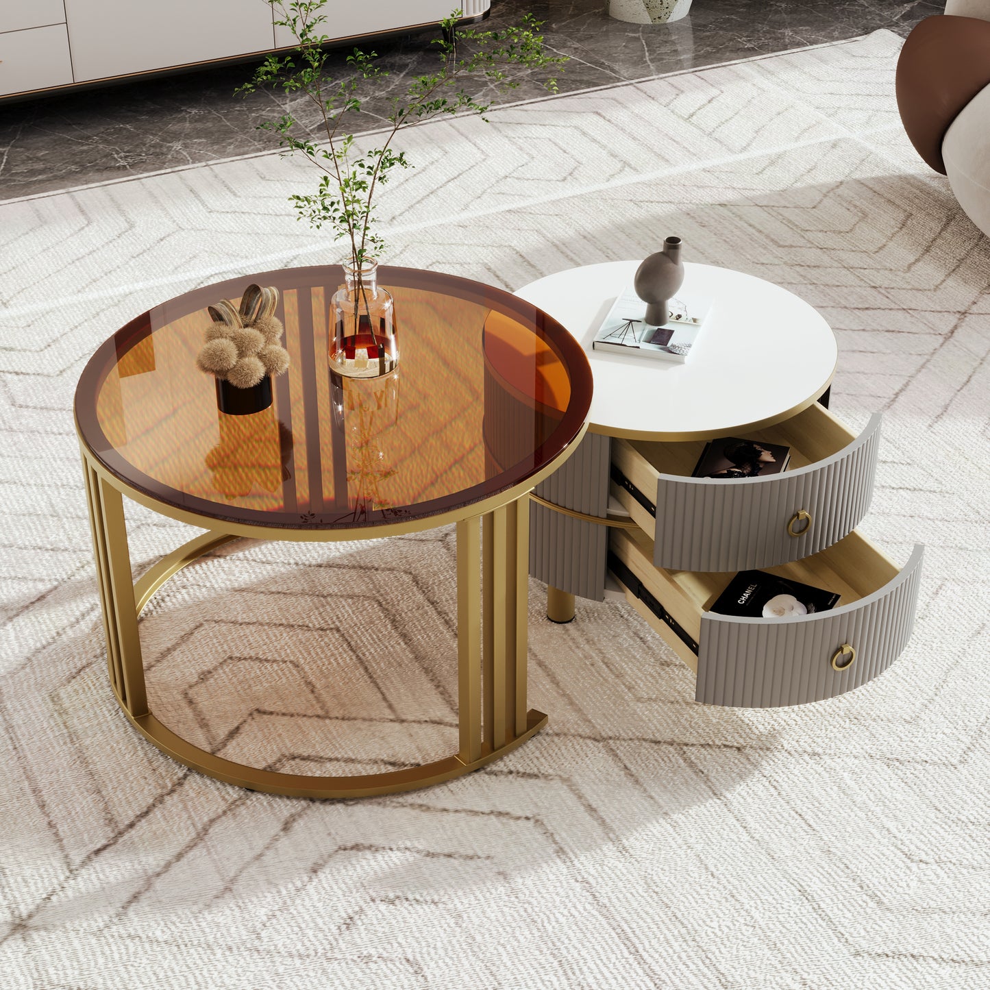 2-in-1 Round MDF Coffee table with High-Gloss Table Top and One Side Table