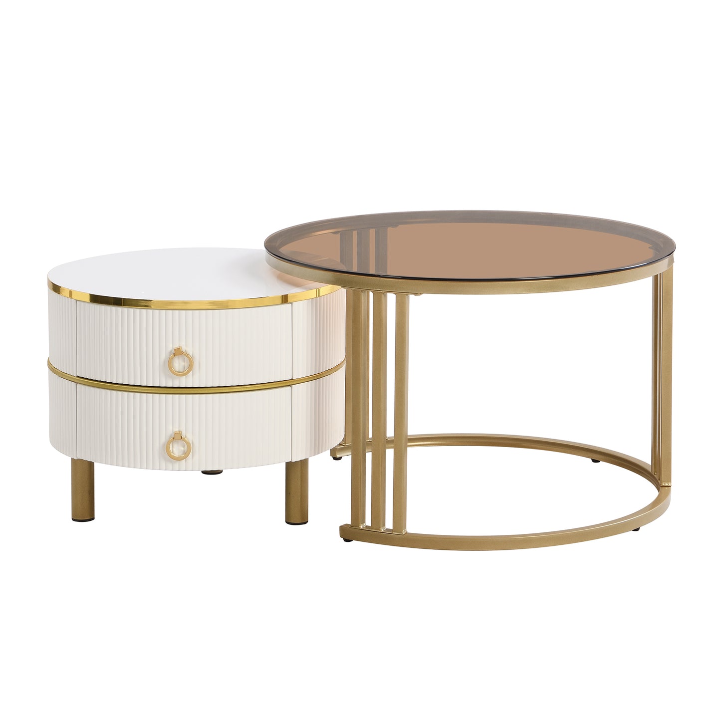 2-in-1 Round MDF Coffee table with High-Gloss Table Top and One Side Table