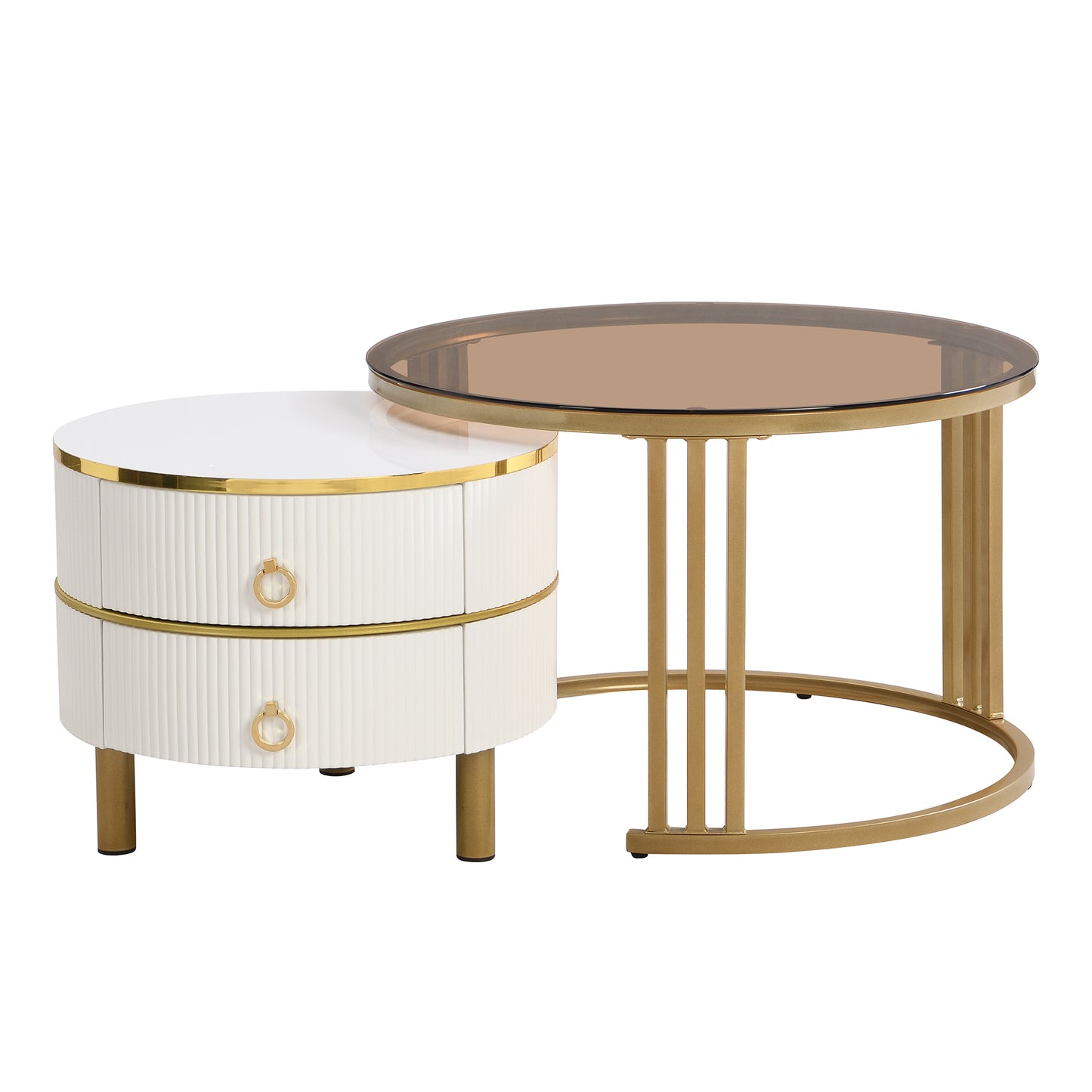 2-in-1 Round MDF Coffee table with High-Gloss Table Top and One Side Table