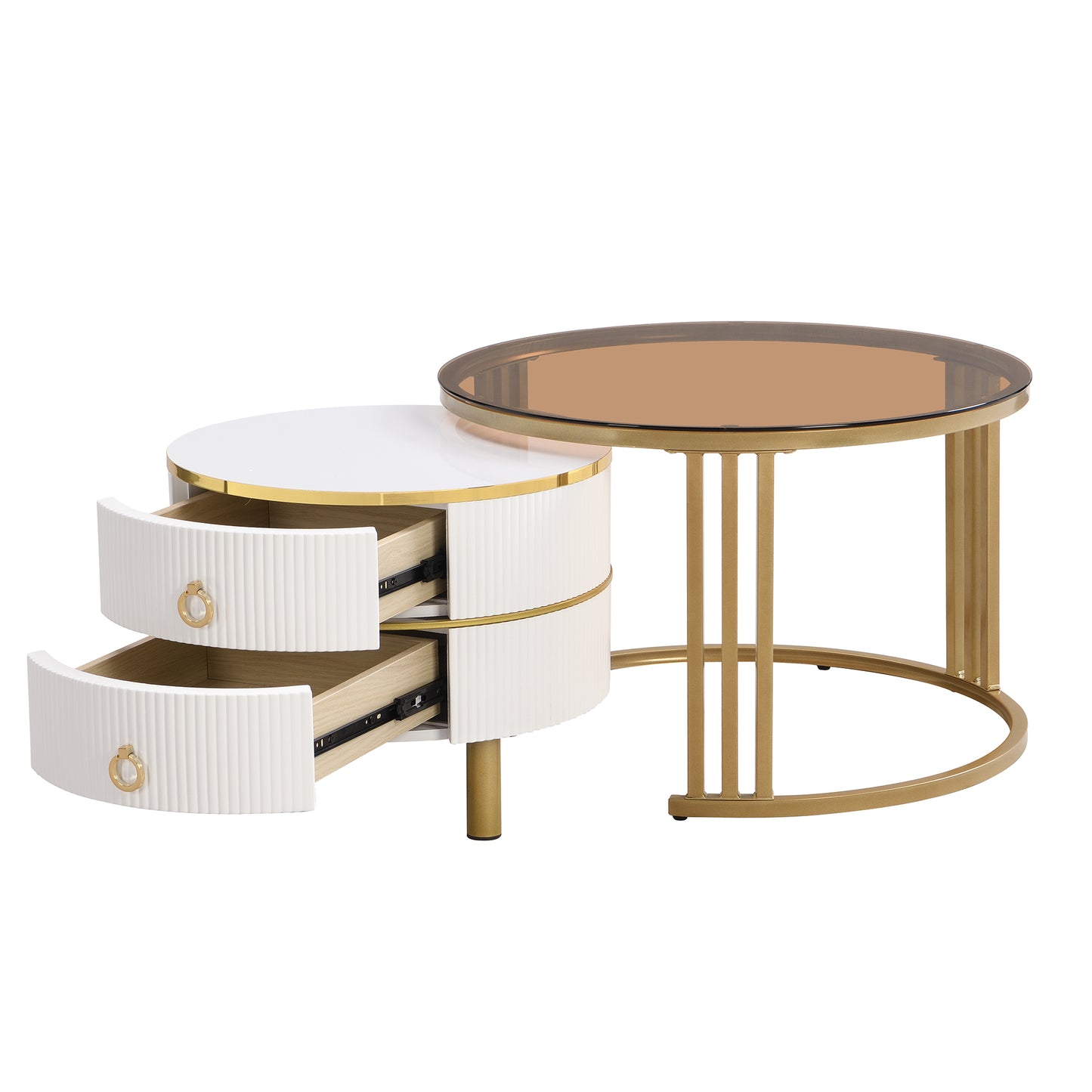 2-in-1 Round MDF Coffee table with High-Gloss Table Top and One Side Table