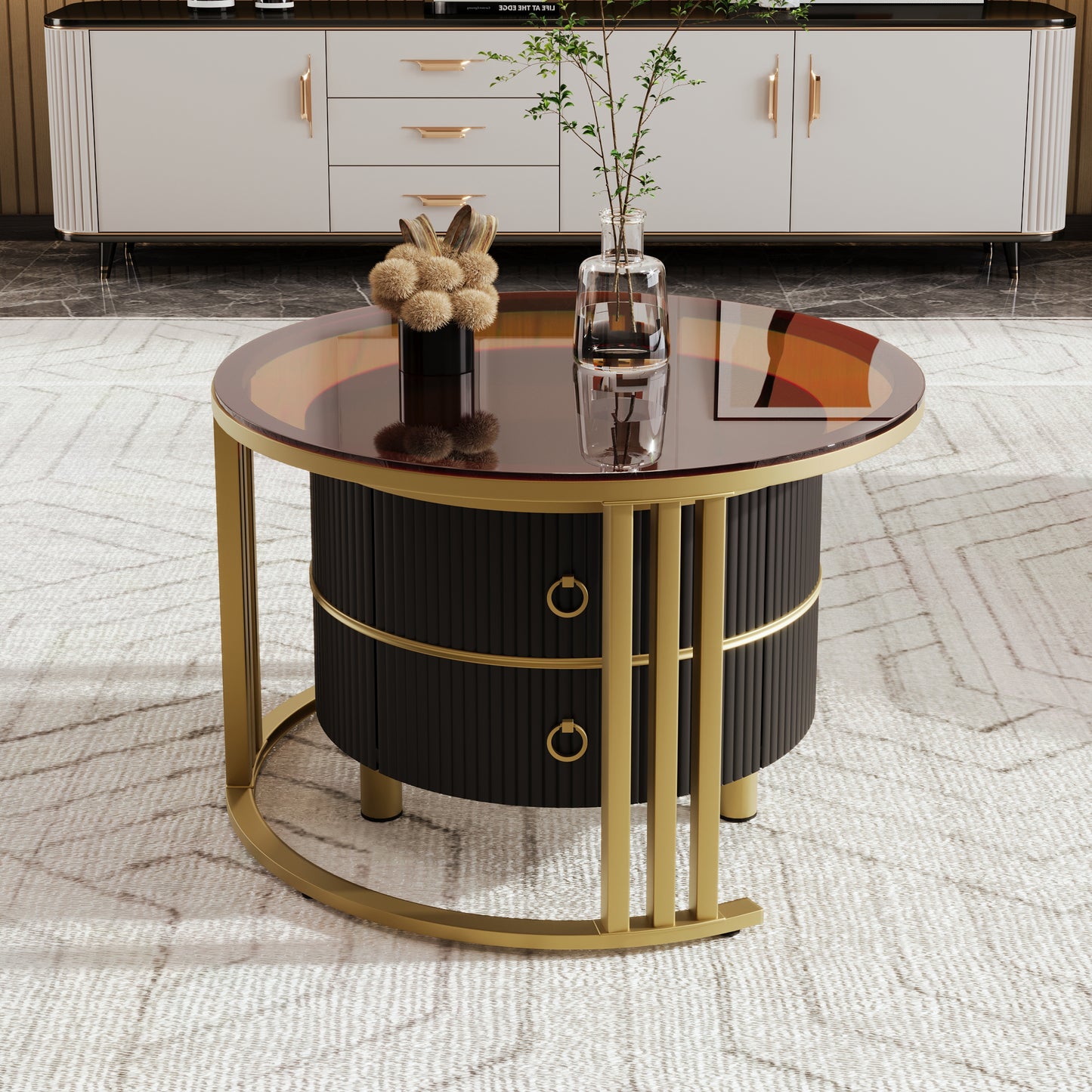 2-in-1 Round MDF Coffee table with High-Gloss Table Top and One Side Table