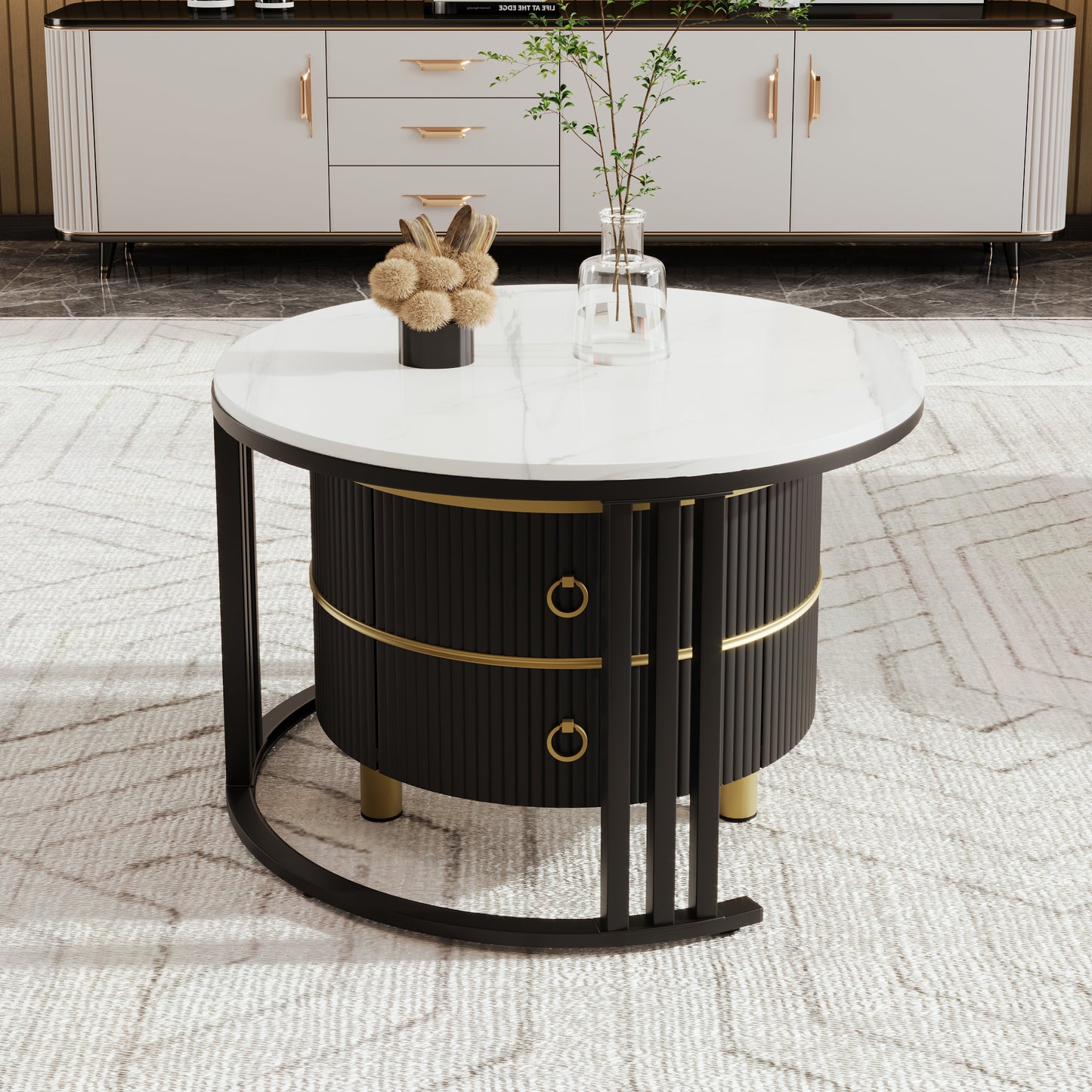 2-in-1 Round MDF Coffee table with High-Gloss Table Top and One Side Table