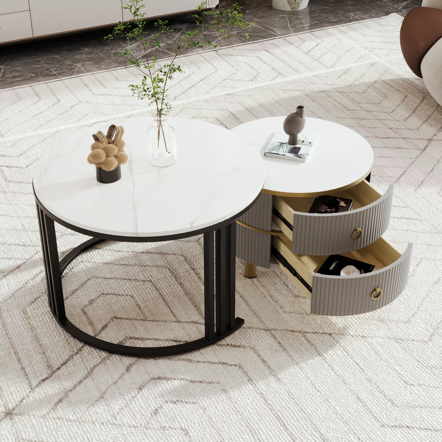 2-in-1 Round MDF Coffee table with High-Gloss Table Top and One Side Table