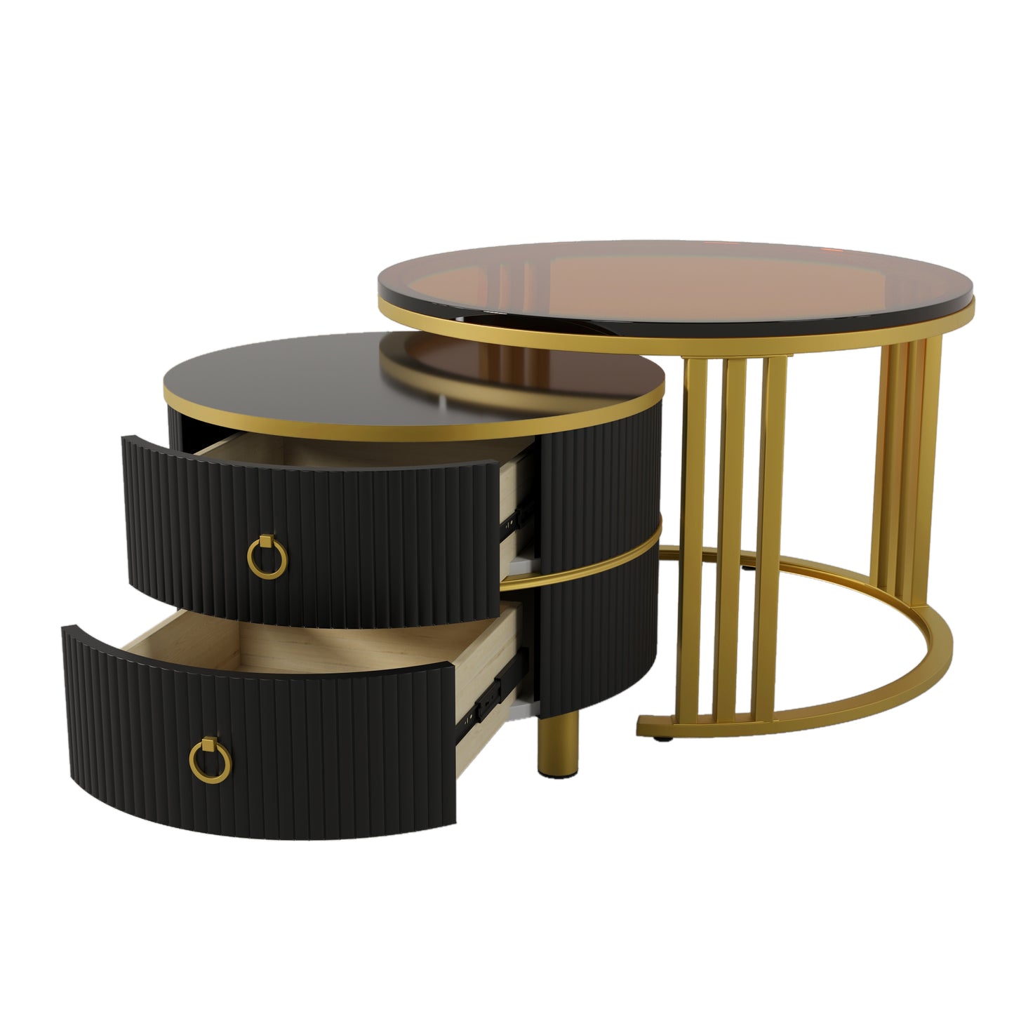 2-in-1 Round MDF Coffee table with High-Gloss Table Top and One Side Table