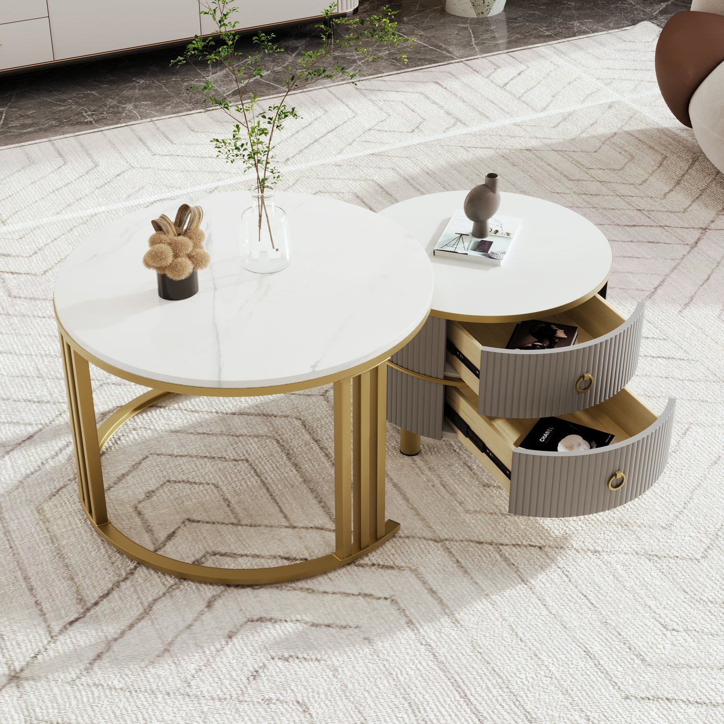 2-in-1 Round MDF Coffee table with High-Gloss Table Top and One Side Table