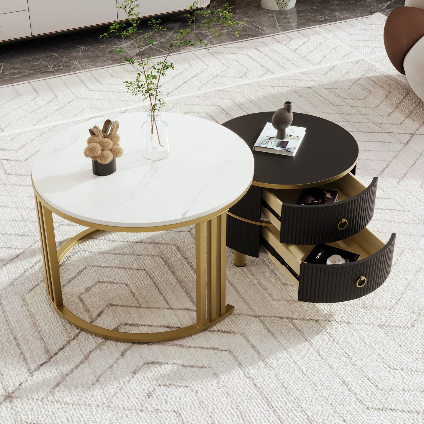 2-in-1 Round MDF Coffee table with High-Gloss Table Top and One Side Table