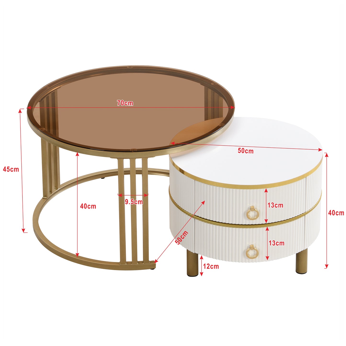 2-in-1 Round MDF Coffee table with High-Gloss Table Top and One Side Table