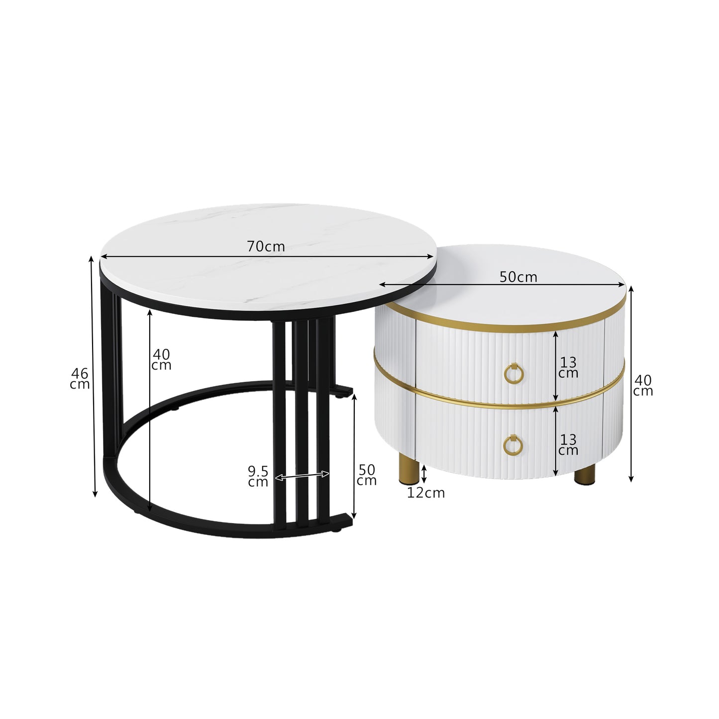 2-in-1 Round MDF Coffee table with High-Gloss Table Top and One Side Table