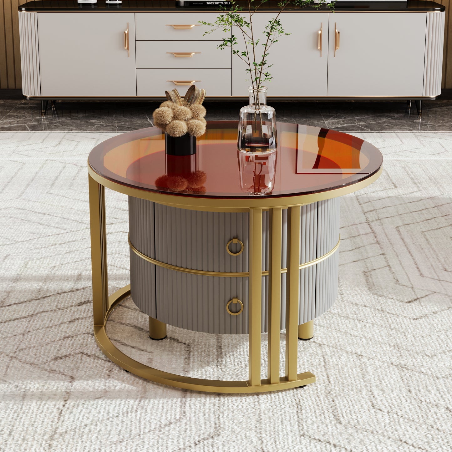 2-in-1 Round MDF Coffee table with High-Gloss Table Top and One Side Table