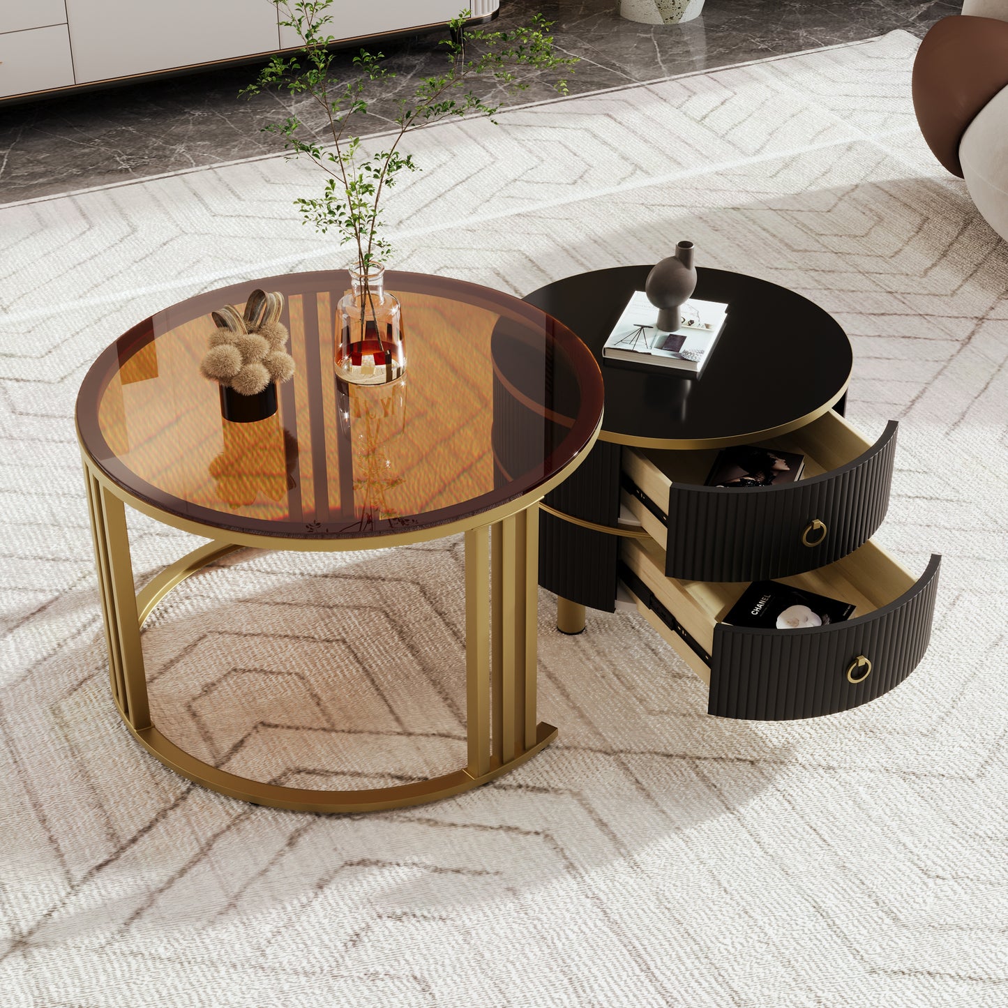 2-in-1 Round MDF Coffee table with High-Gloss Table Top and One Side Table