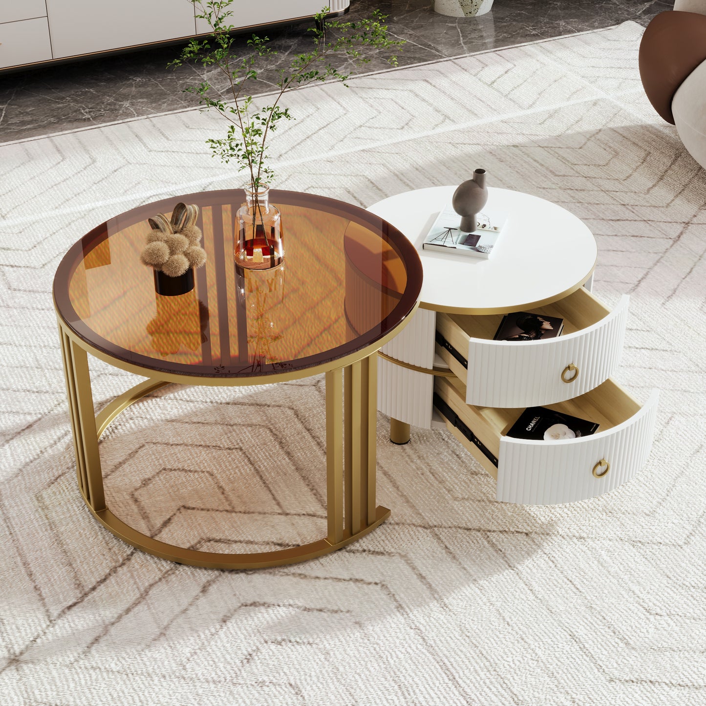 2-in-1 Round MDF Coffee table with High-Gloss Table Top and One Side Table