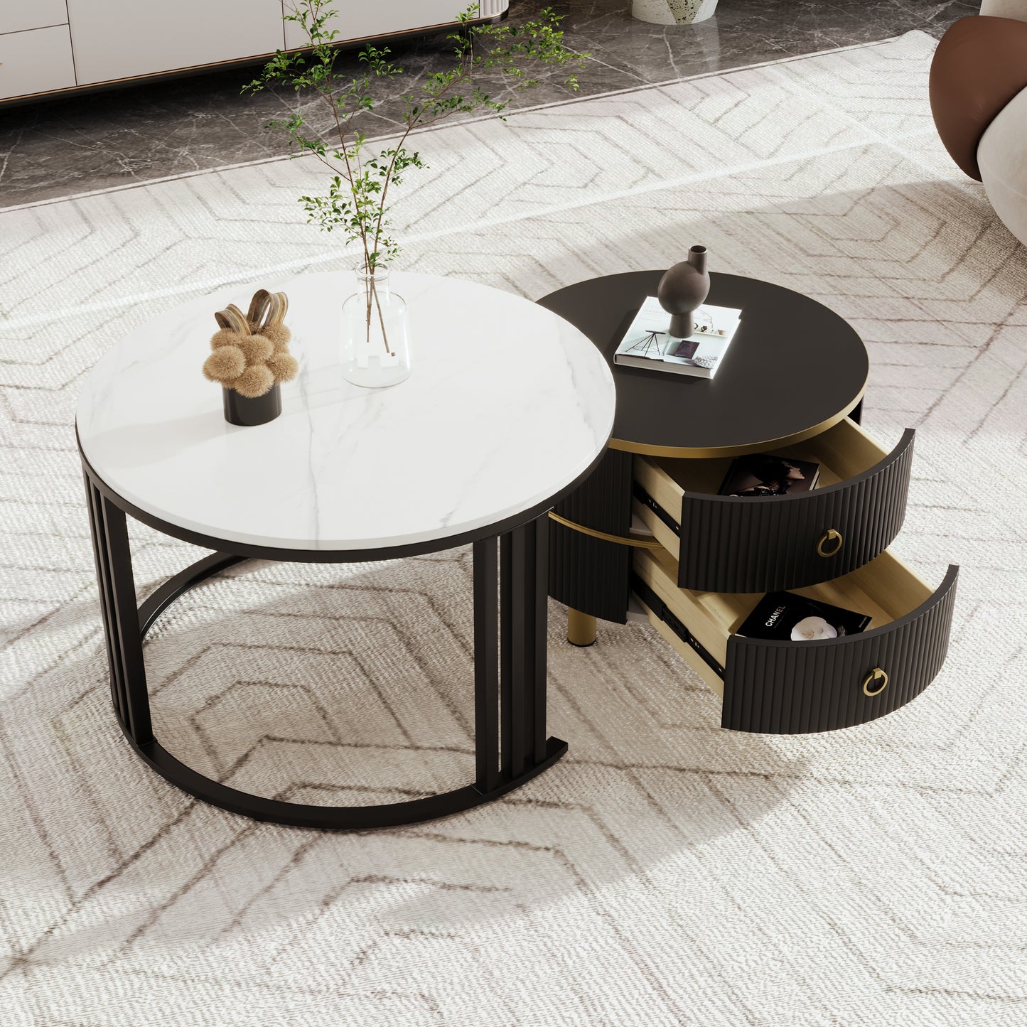 2-in-1 Round MDF Coffee table with High-Gloss Table Top and One Side Table