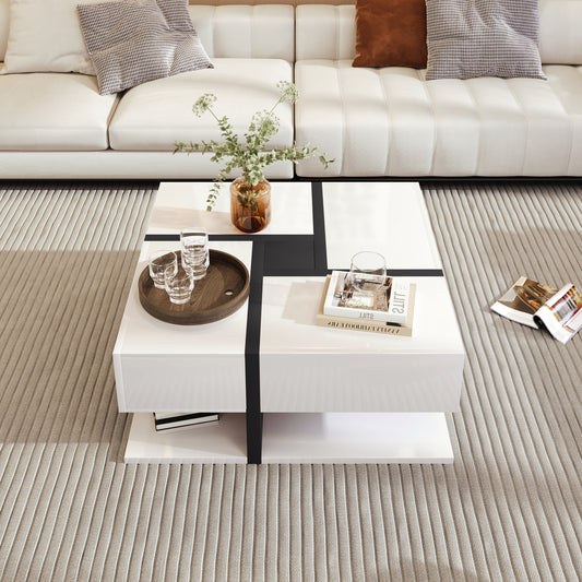 Modern Coffee Table with 4 Drawers, Unique Line design, and Storage Space at the Bottom