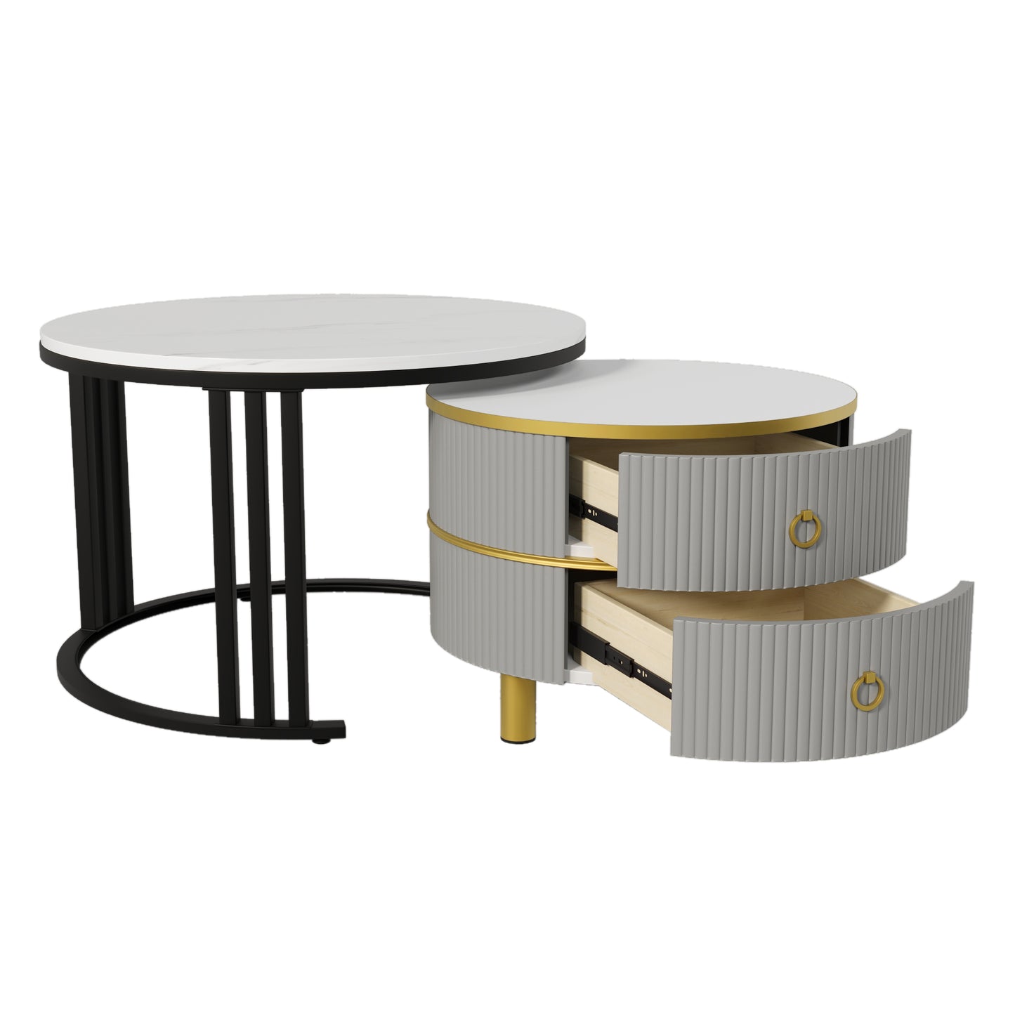 2-in-1 Round MDF Coffee table with High-Gloss Table Top and One Side Table