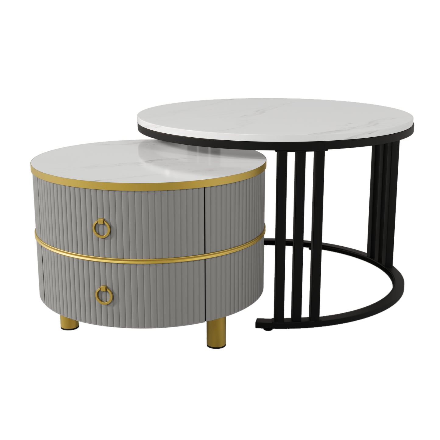 2-in-1 Round MDF Coffee table with High-Gloss Table Top and One Side Table