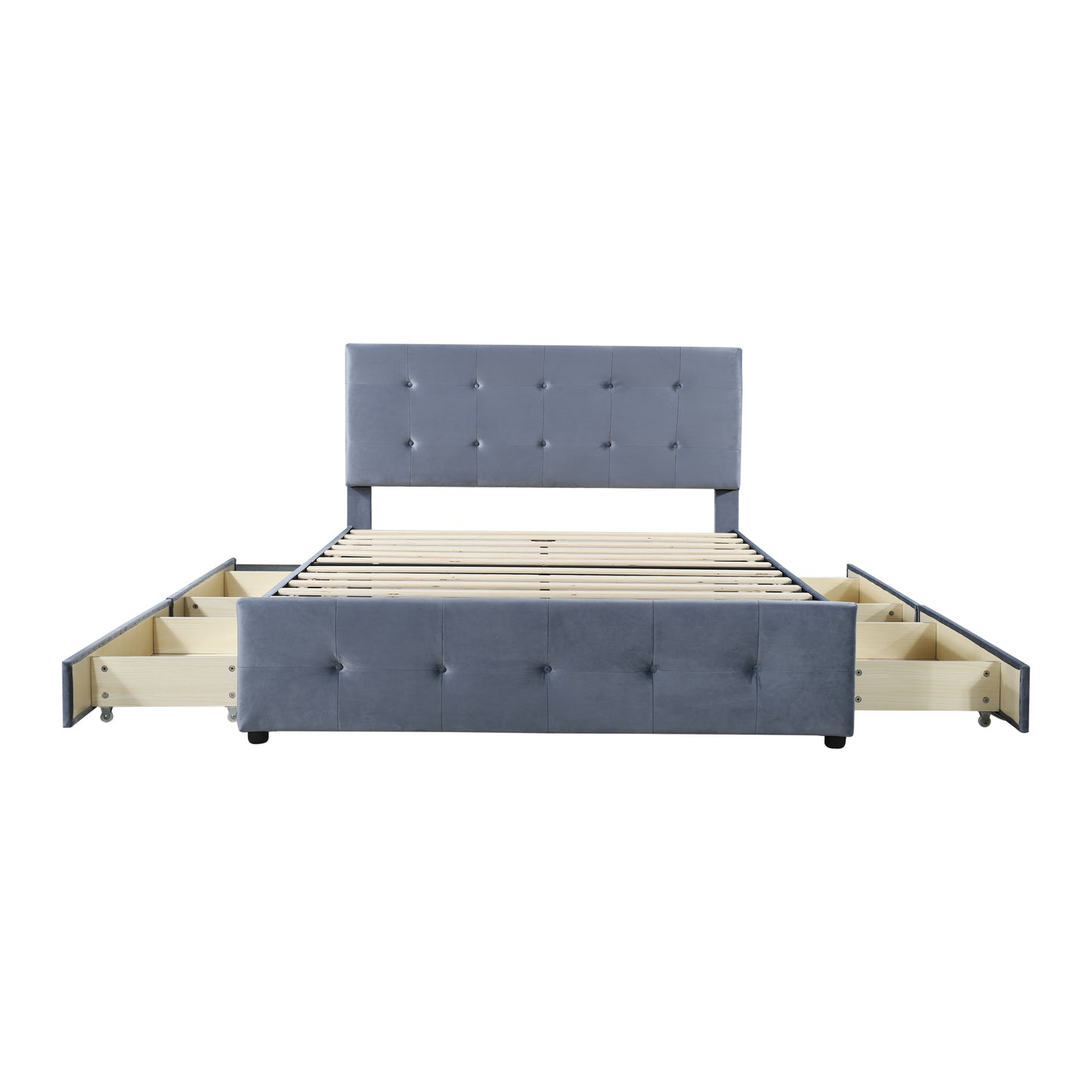 Double Velvet Upholstered Bed with 4 Storage Drawers and Adjustable Tufted Button Headboard