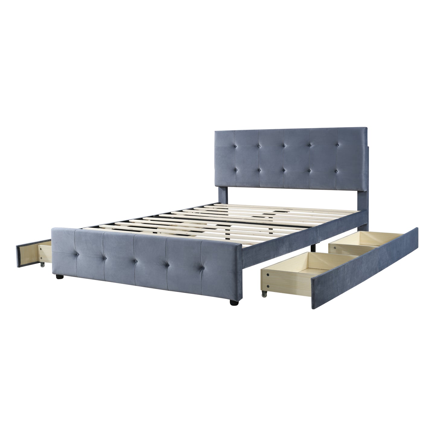 Double Velvet Upholstered Bed with 4 Storage Drawers and Adjustable Tufted Button Headboard