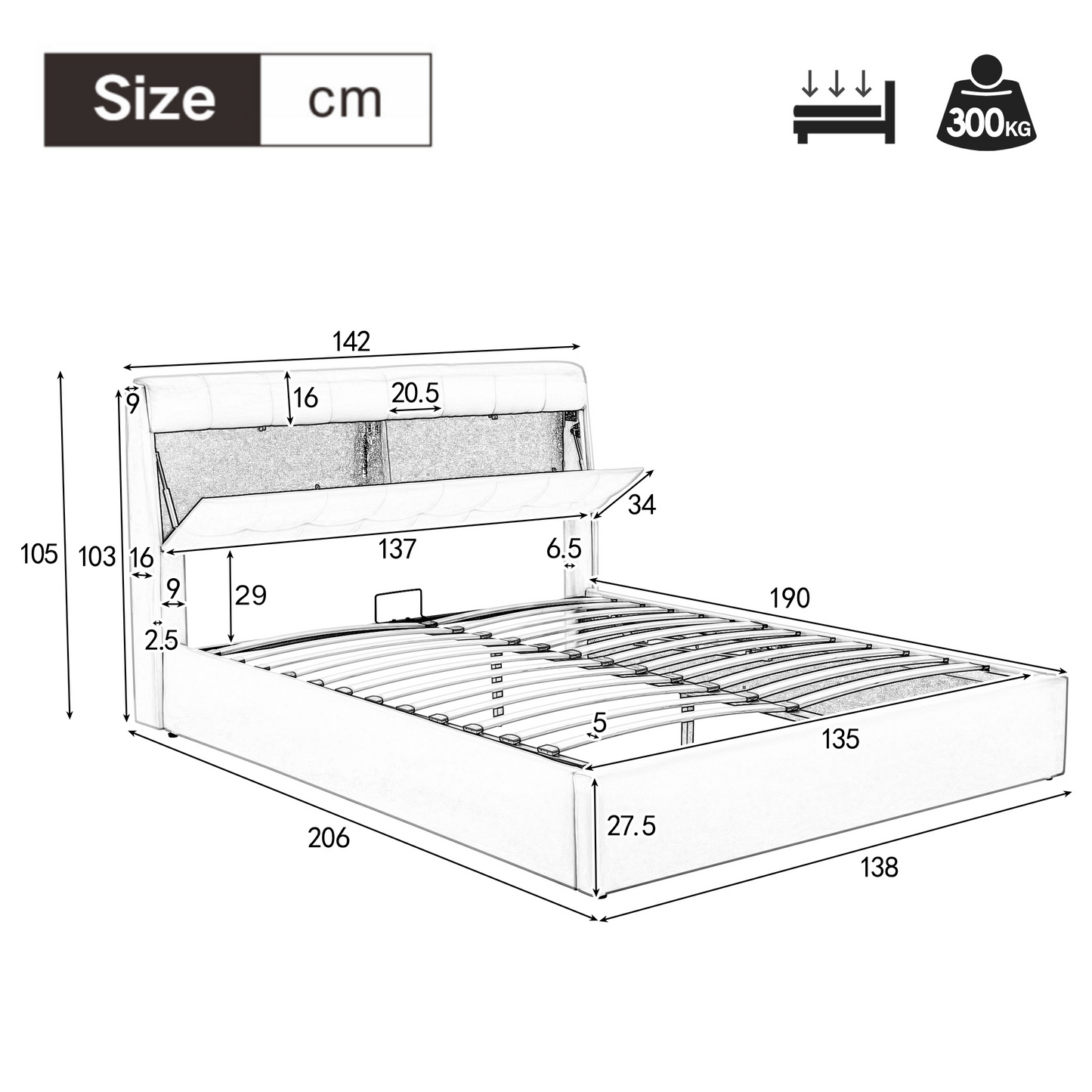 Faux Leather Bed Frame with Bed Box and Concealed Headboard Storage