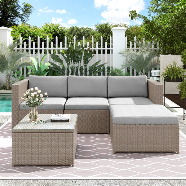 Outdoor Rattan Corner Sofa Set with Glass Coffee Table Beige