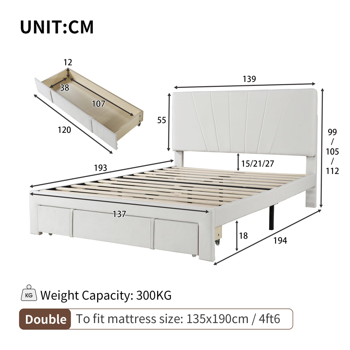 Double Velvet Upholstered Bed with a Big Storage Drawer and Adjustable Headboard