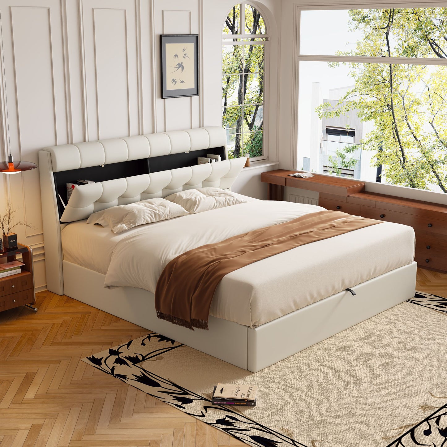 Faux Leather Bed Frame with Bed Box and Concealed Headboard Storage