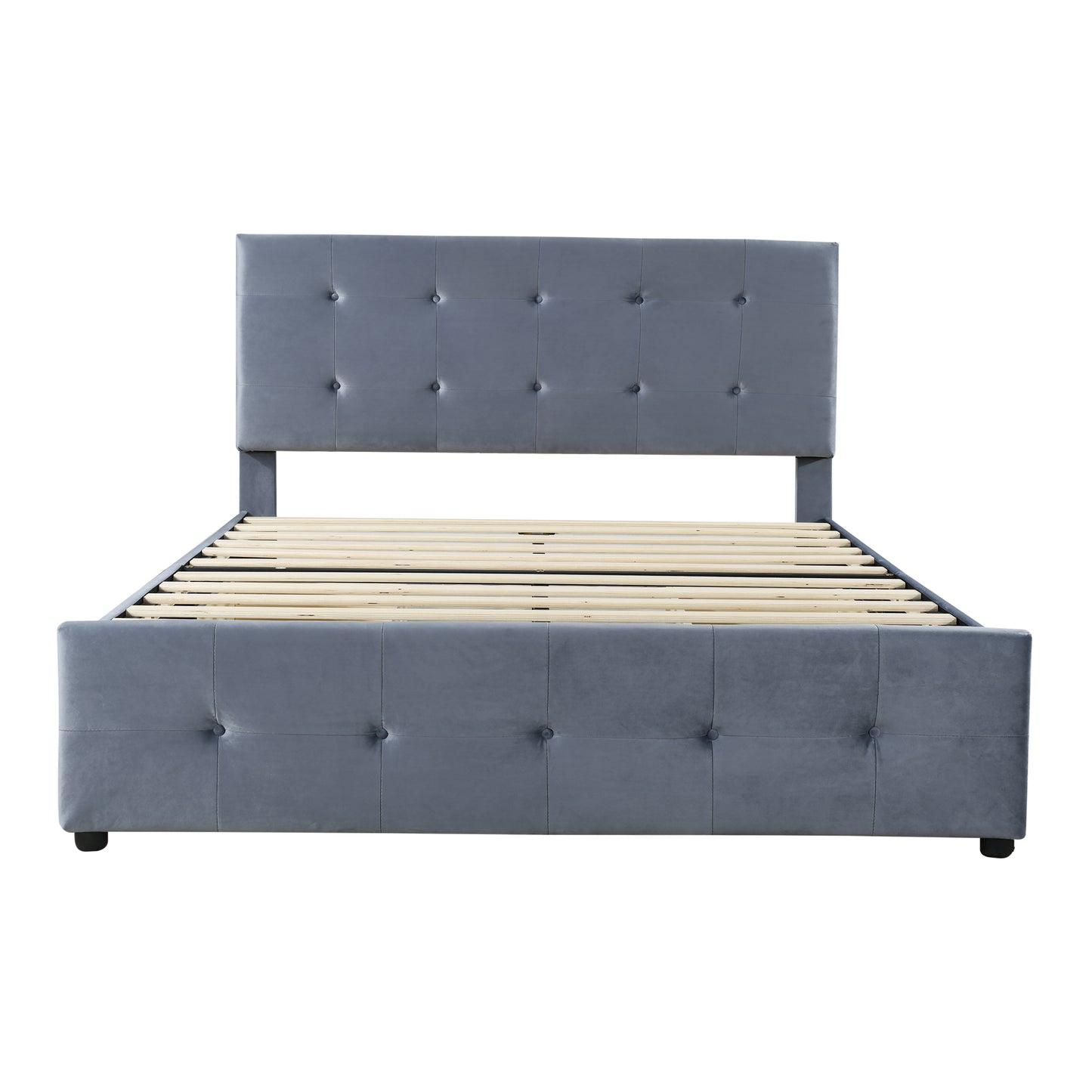 Double Velvet Upholstered Bed with 4 Storage Drawers and Adjustable Tufted Button Headboard