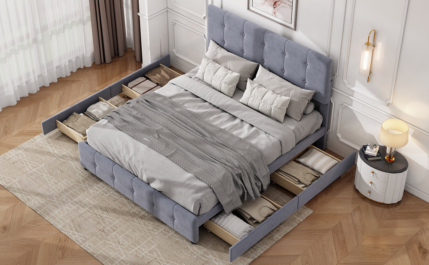 Double Velvet Upholstered Bed with 4 Storage Drawers and Adjustable Tufted Button Headboard