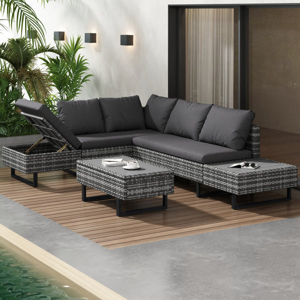 Grey Rattan Outdoor Corner Sofa Set with Recliner Seat and Side Table