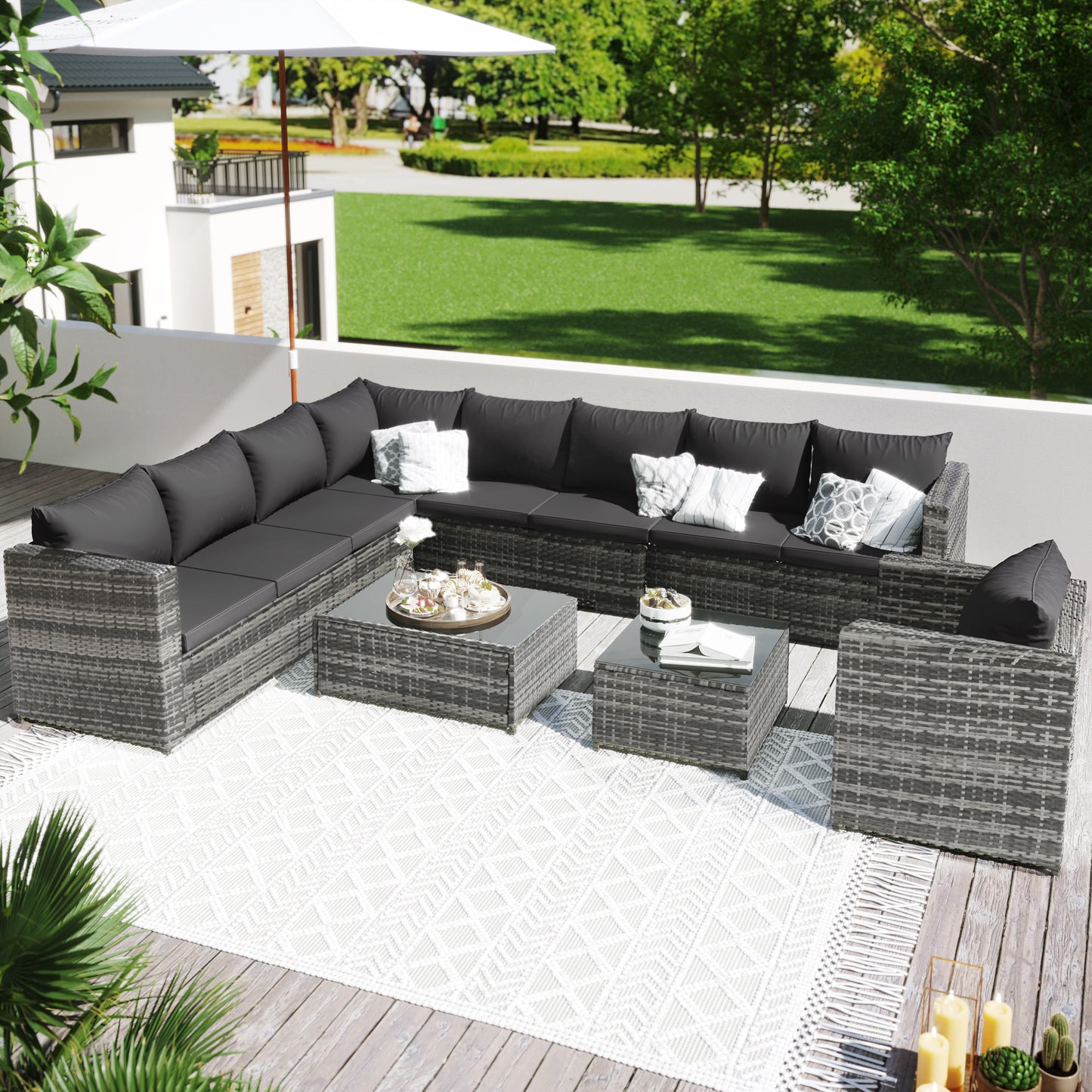 9-Seater Large Rattan Garden Patio Corner Sofa Set with Coffee Table and Stools