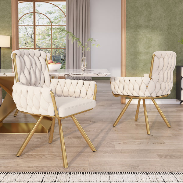 Set of 2 Velvet Swivel Dining Chairs with Gold Metal Legs Beige