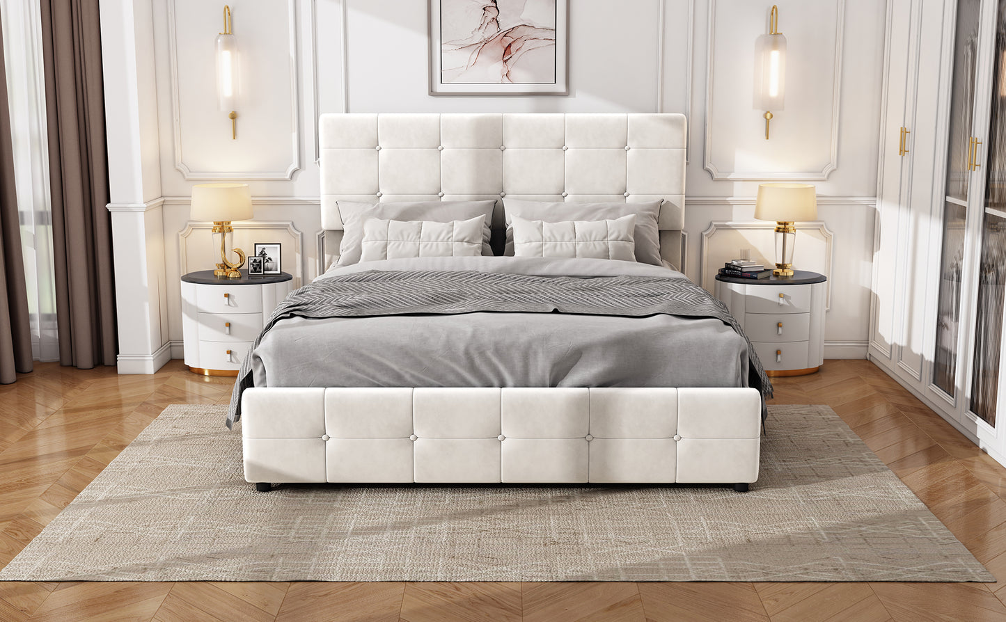 Double Velvet Upholstered Bed with 4 Storage Drawers and Adjustable Tufted Button Headboard