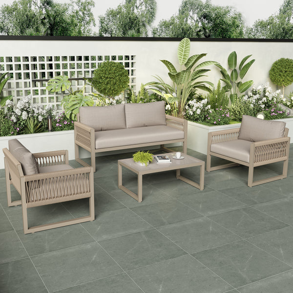 4 Seater Outdoor Rope Lounge Set with Glass Coffee Table