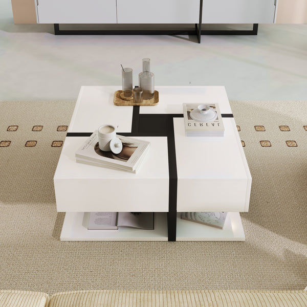 Modern Square Line Design Coffee Table with 4 Storage Drawers