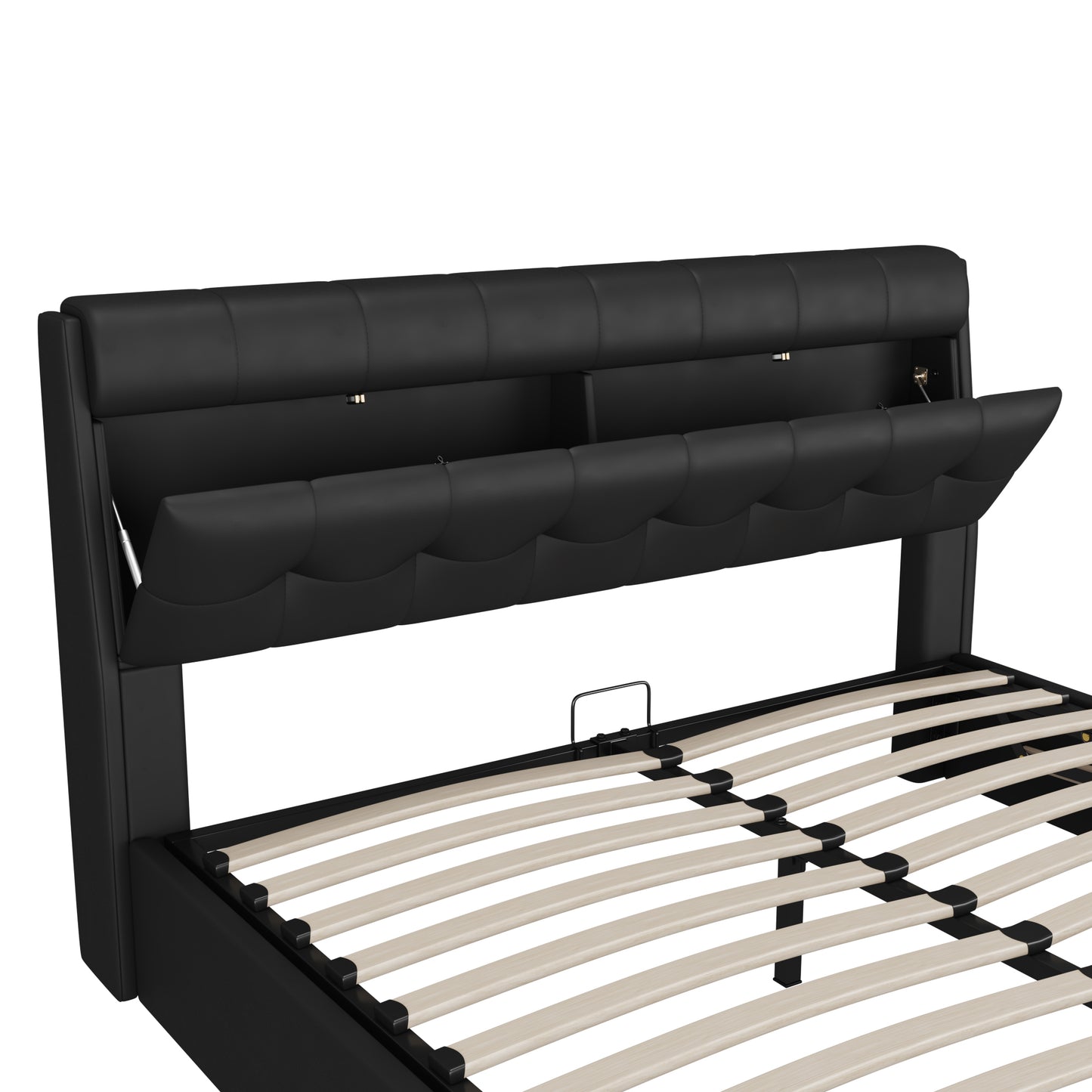 Faux Leather Bed Frame with Bed Box and Concealed Headboard Storage