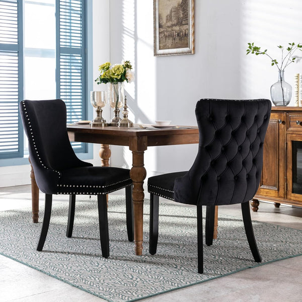 Set of 2 Black Lux Velvet Upholstered Kitchen Dining Chairs