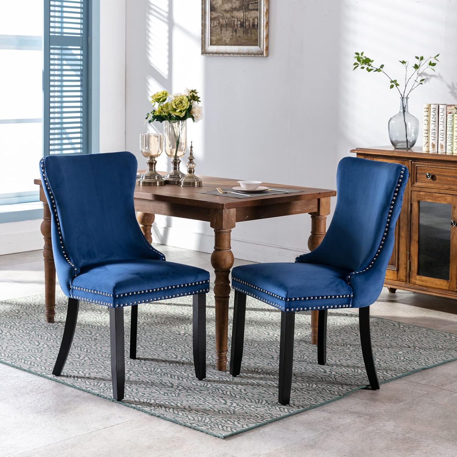 Sierra Set of 2 Blue Velvet Dining Chairs Tufted Kitchen Chairs with H ...