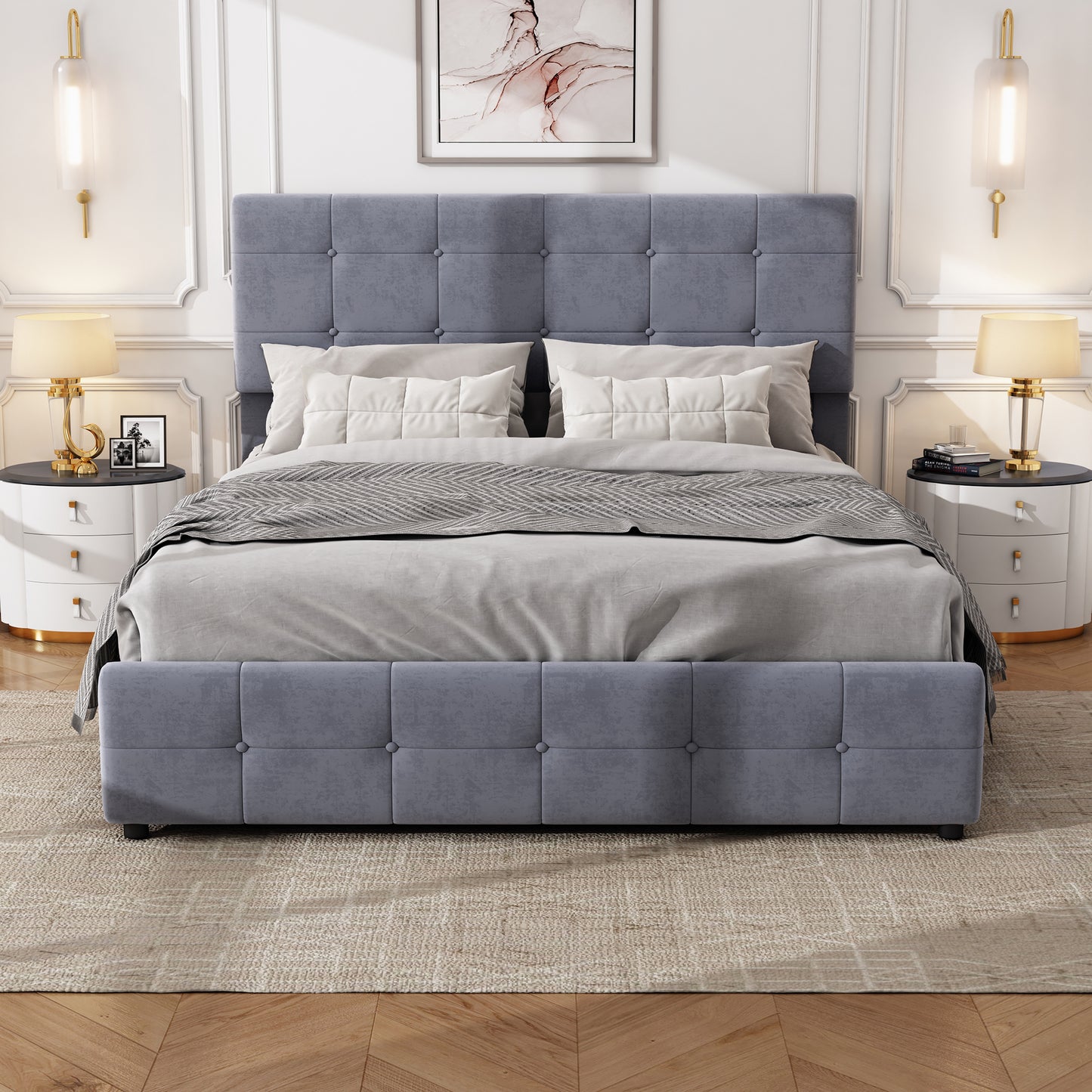 Double Velvet Upholstered Bed with 4 Storage Drawers and Adjustable Tufted Button Headboard