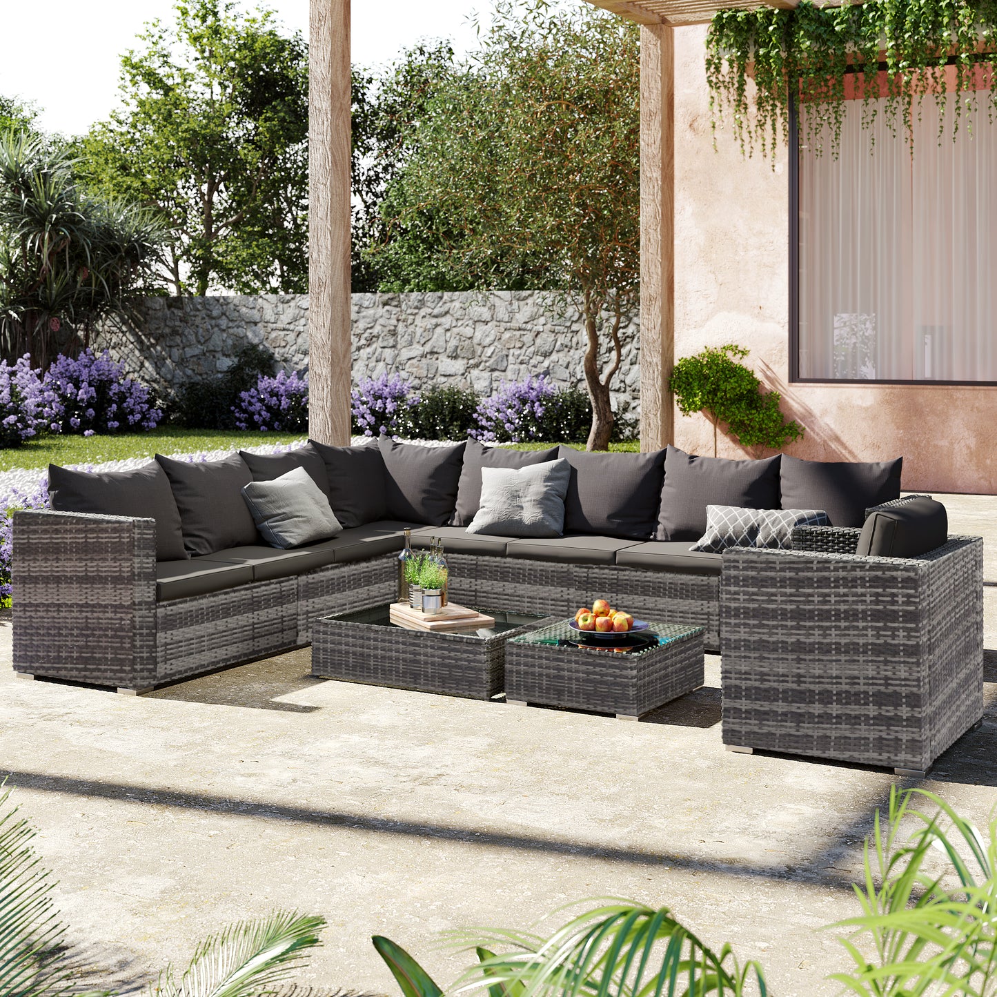 9-Seater Large Rattan Garden Patio Corner Sofa Set with Coffee Table and Stools