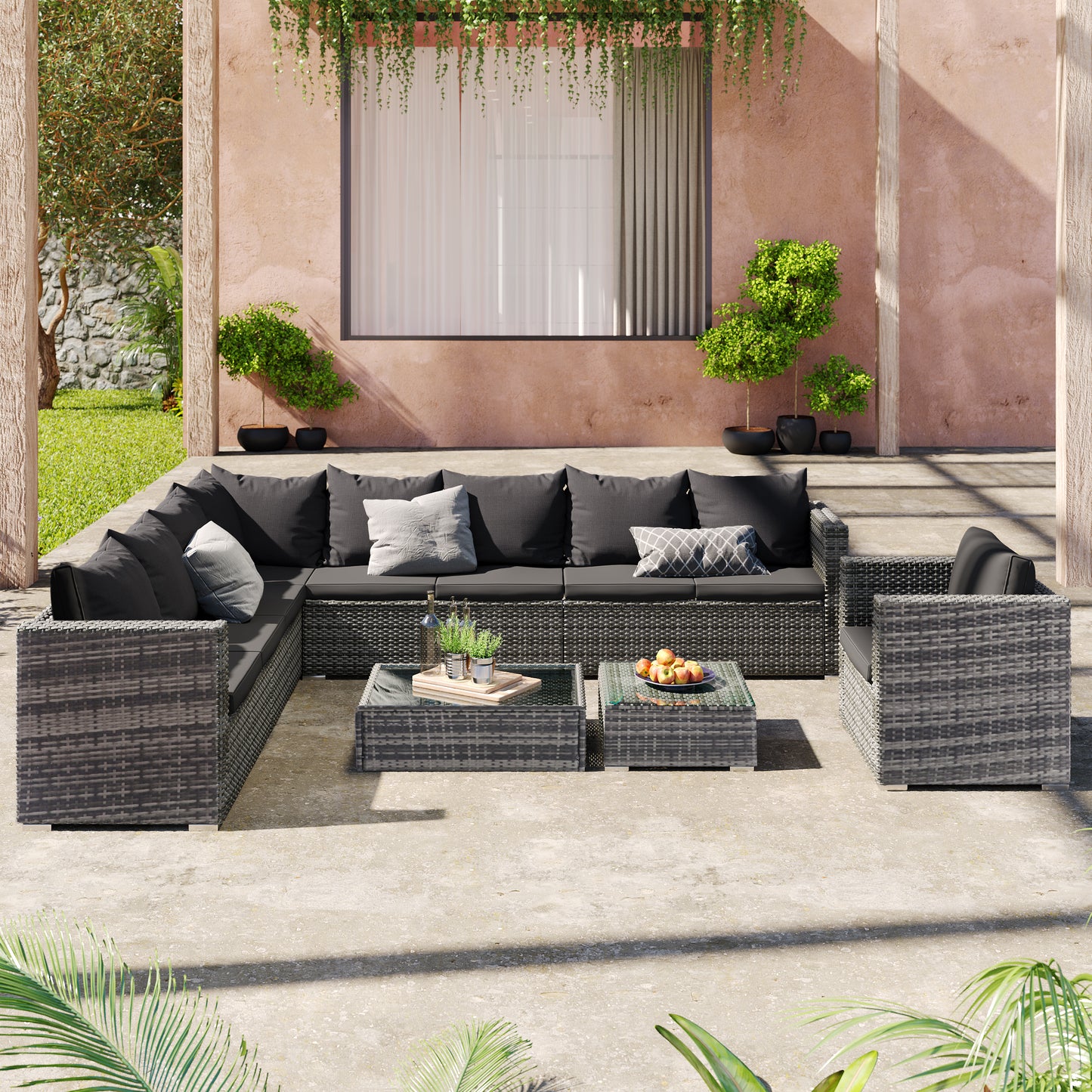 9-Seater Large Rattan Garden Patio Corner Sofa Set with Coffee Table and Stools